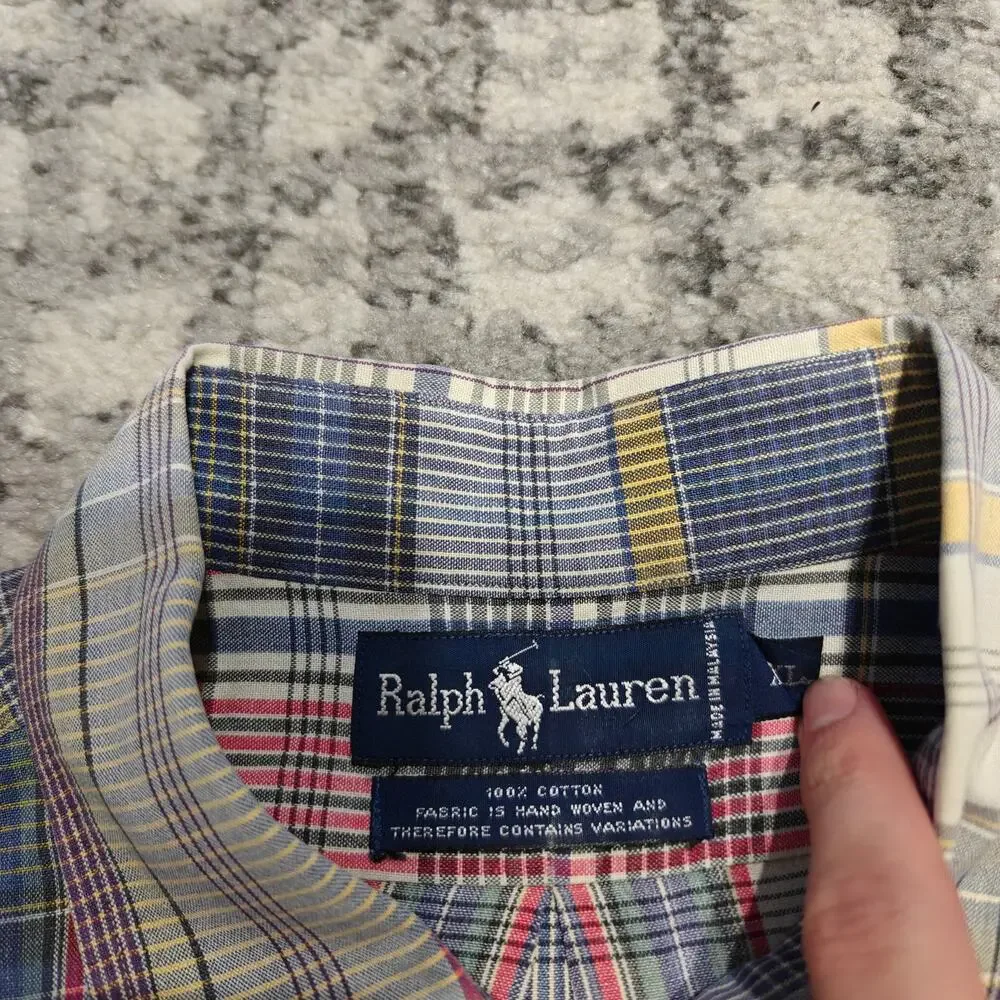 Vintage Ralph Lauren Mens XL Madras Plaid Shirt Short Sleeve Hand Woven Blue